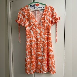 Hello Molly Orange Floral Dress - Cinched Puffy Sleeves Size S